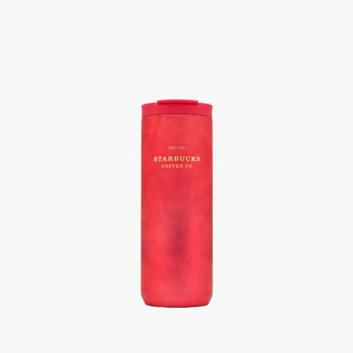 Tall metal red thermos mug with red lid and gold Starbucks lettering