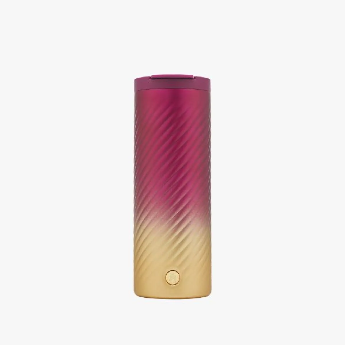 Metal thermos mug with spiral texture and color gradient from purple (top) to gold (bottom)