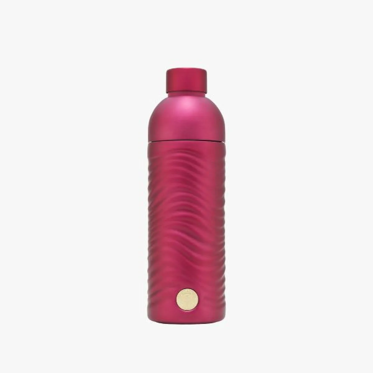 Purple metal drinking bottle with a wave-like texture and a small round gold emblem at the bottom with the Starbucks logo