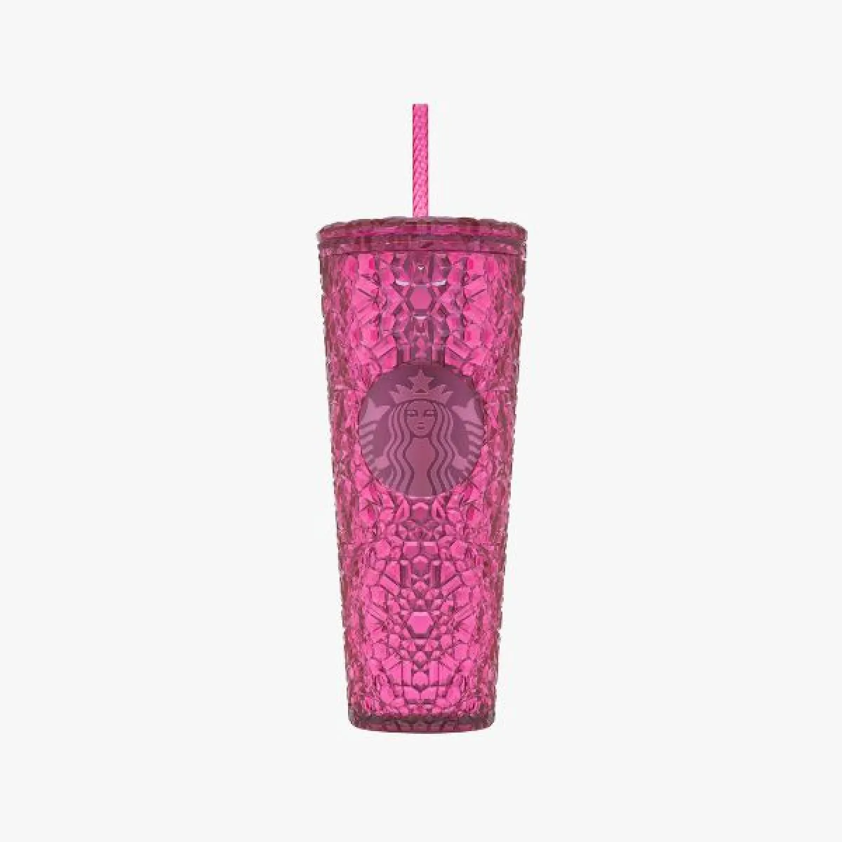 Bright pink plastic cup (cold cup) with geometric texture, matching pink lid, pink straw, and Starbucks logo