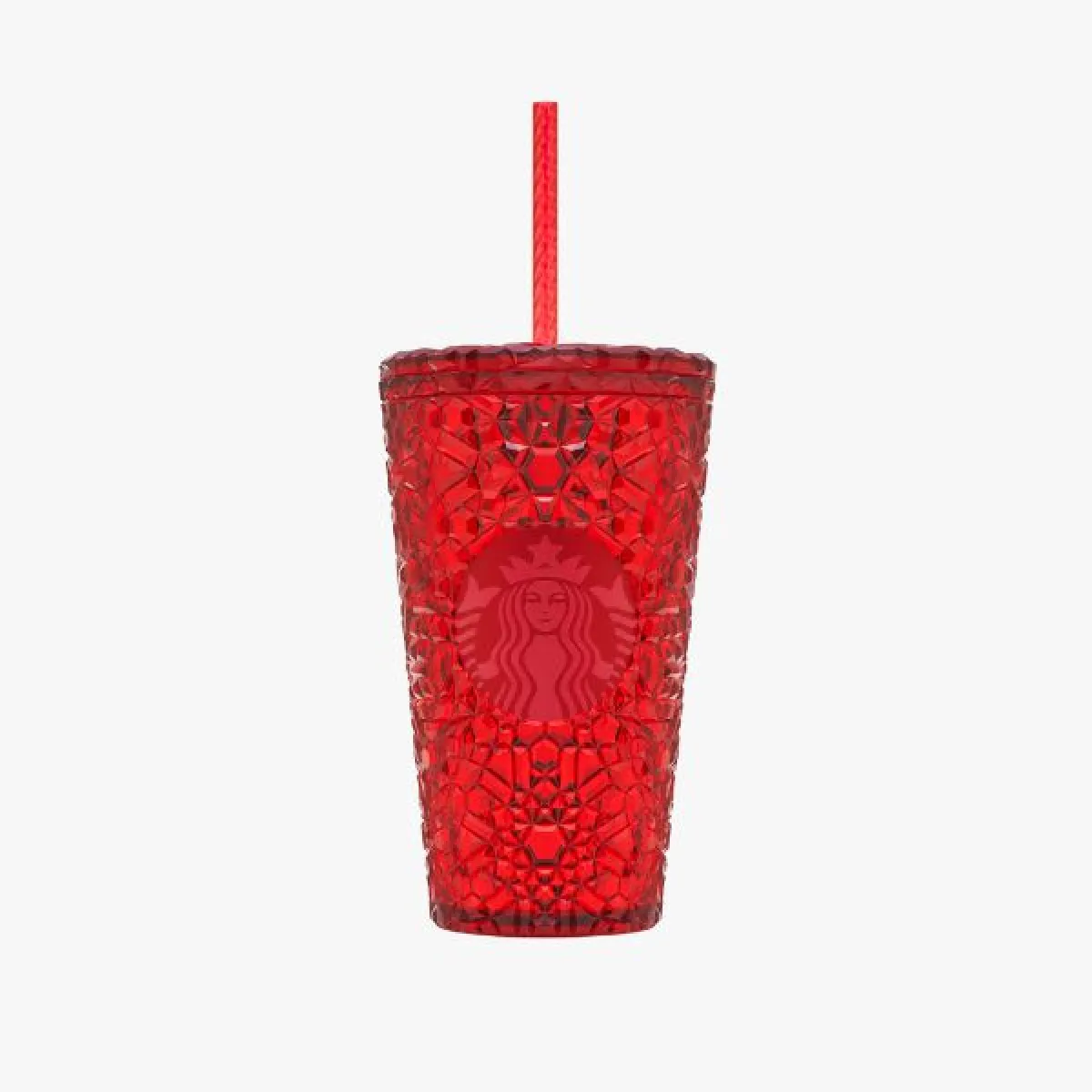 Bright red plastic cup (cold cup) with geometric texture, matching red lid, red straw, and Starbucks logo