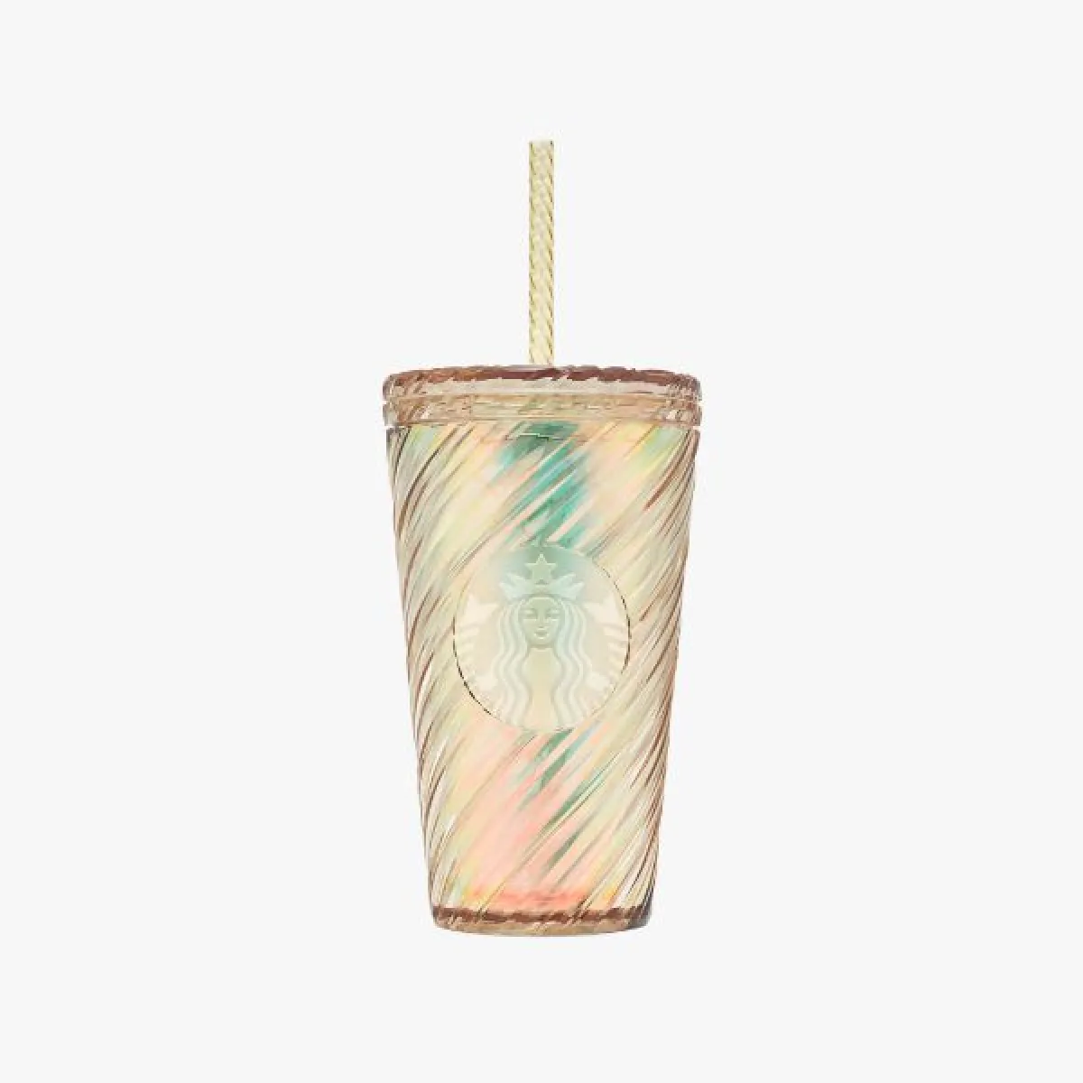 Průsvitný duhový kelímek (cold cup) se spirálovou texturou, s odpovídajícím víčkem a duhovým brčkem