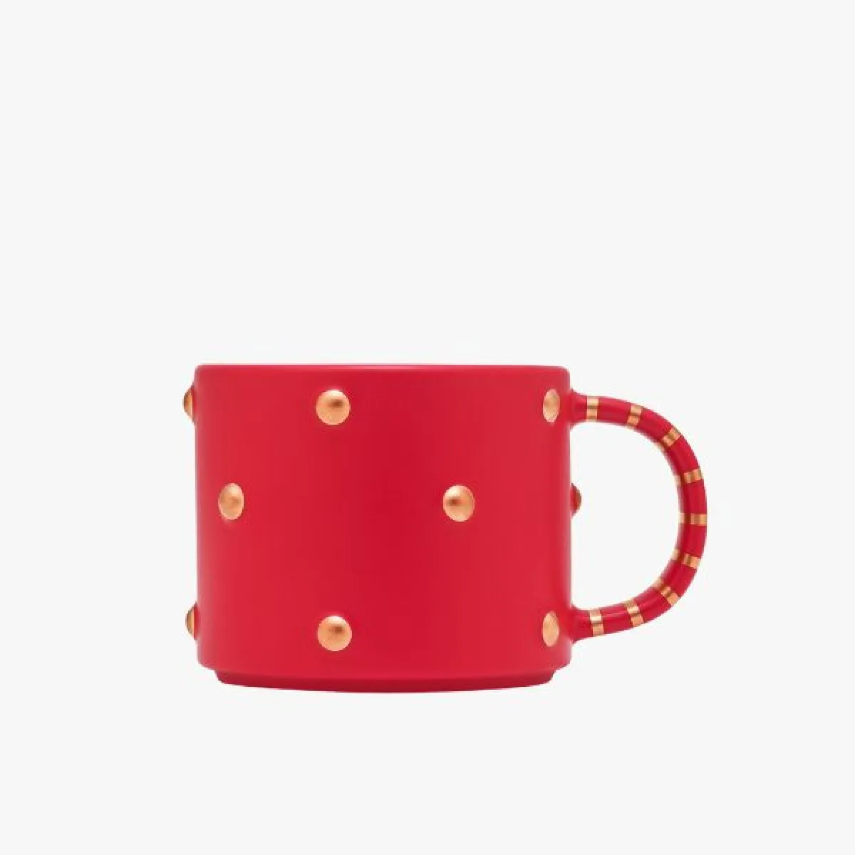 Red ceramic mug with raised gold dots and red handle decorated with horizontal gold stripes