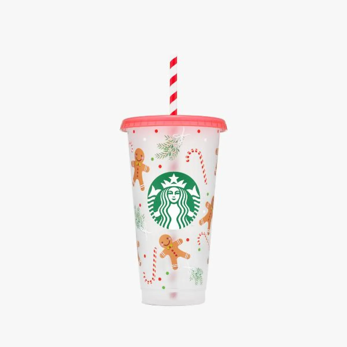 Transparent plastic cup (cold cup) with Christmas motifs of gingerbread cookies and candy canes, red lid, and red and white striped straw