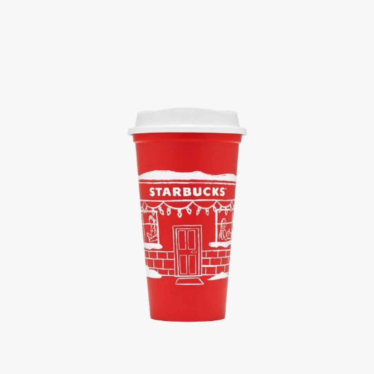 Red reusable cup with white straw, featuring a white illustration of a house lit up for Christmas and the Starbucks logo