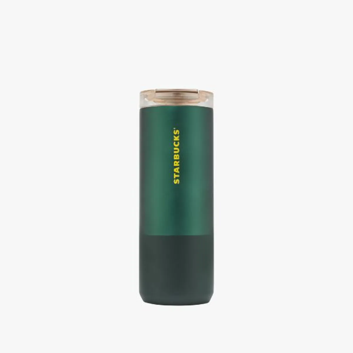Tall green thermo mug with vertical yellow Starbucks logo and translucent lid