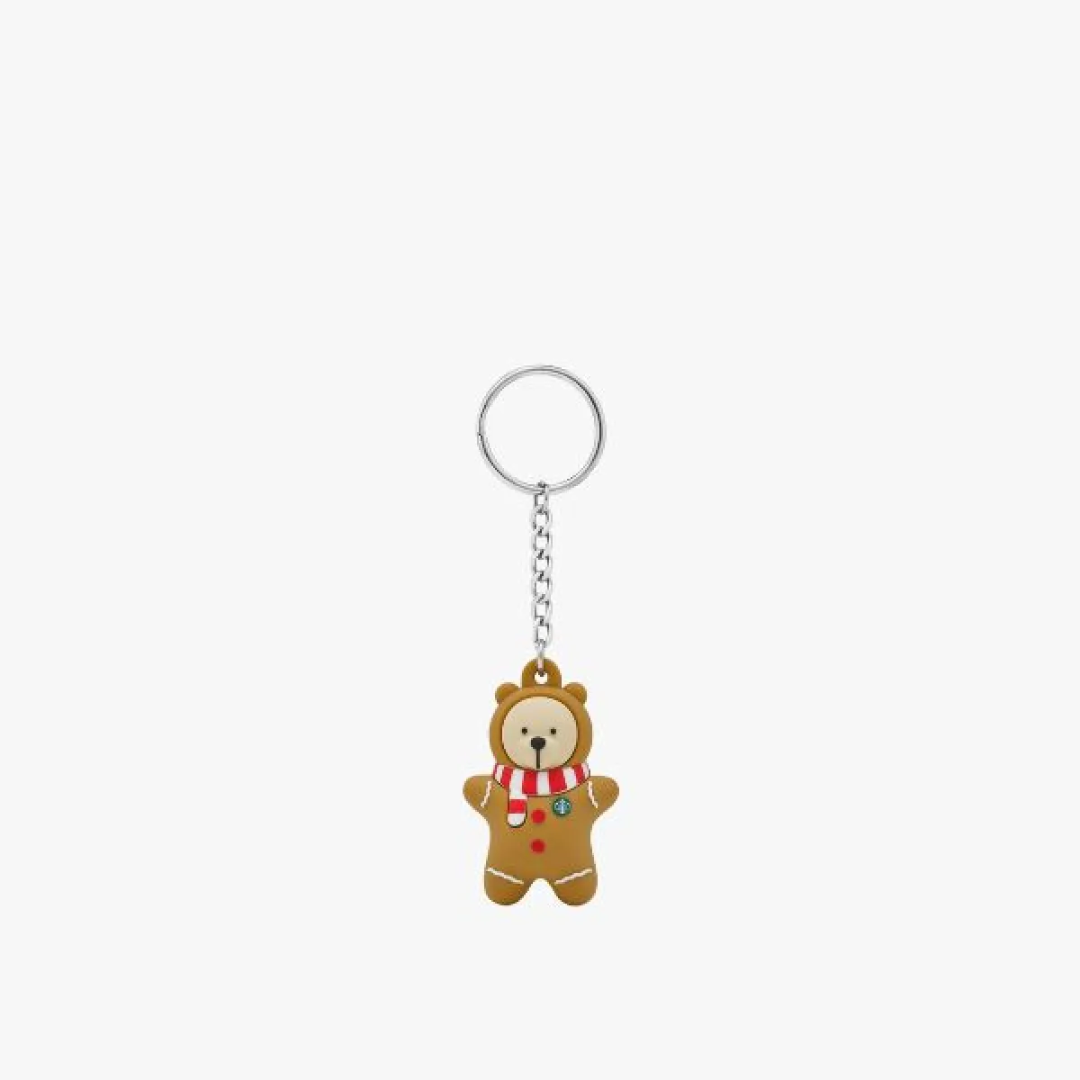 Rubber bear keyring with red and white scarf