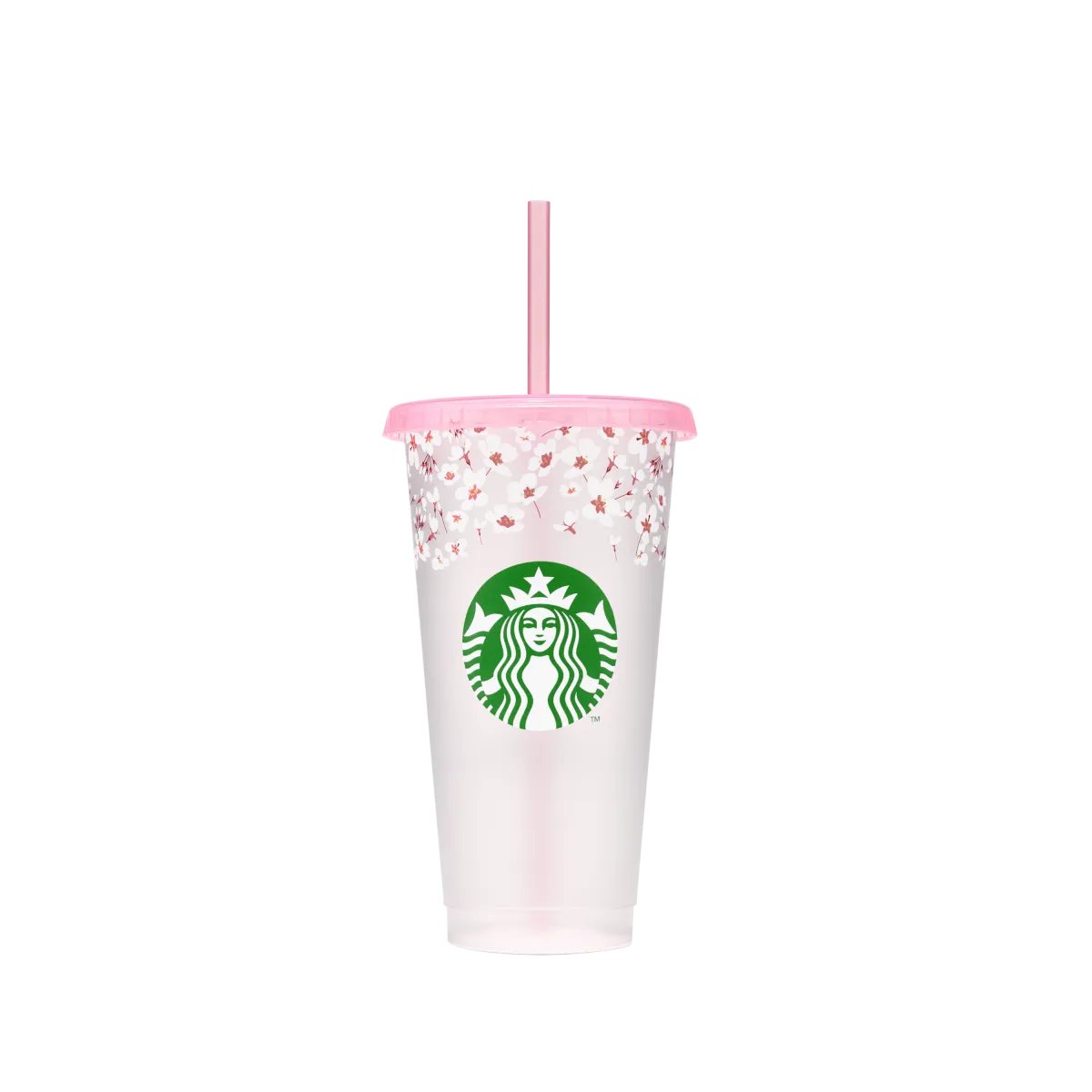 Světlý tumbler s brčkem, s jemným květinovým dekorem u horního okraje a zeleným logem Starbucks na přední straně.