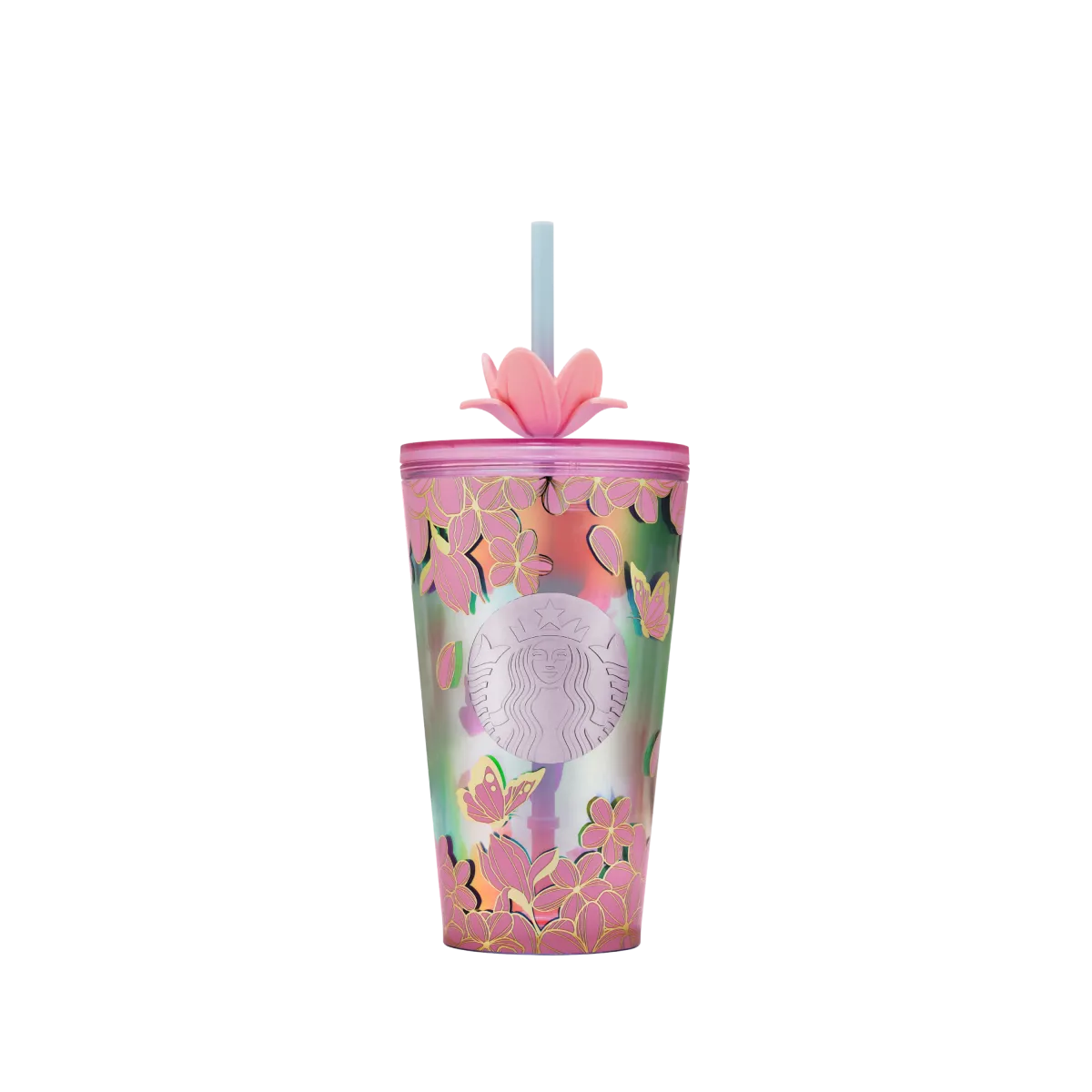 Průhledný tumbler s brčkem, zdobený barevným květinovým motivem, s plastovým víčkem a dekoračním prvkem ve tvaru květu nahoře.