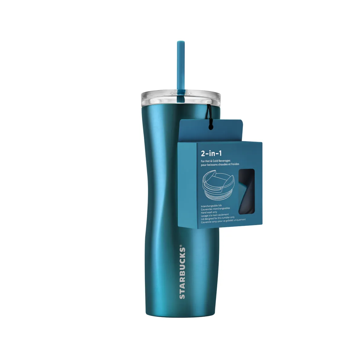 Úzký kovový tumbler s hladkým povrchem v tmavě tyrkysové barvě, s plastovým otočným víčkem.