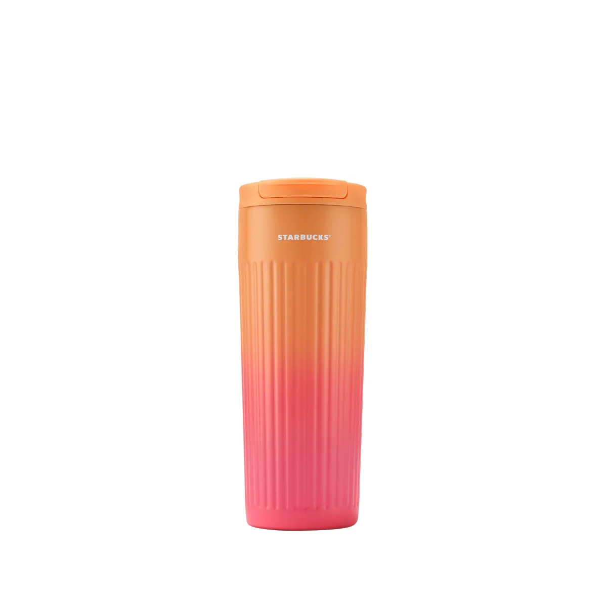 Štíhlý tumbler s výrazným svislým vroubkováním a barevným přechodem od světle oranžové k růžové.