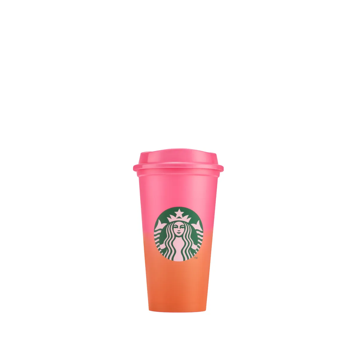Vysoký plastový kelímek s hladkým povrchem, víčkem a výrazným barevným přechodem z růžové do oranžové, uprostřed zelené logo Starbucks.