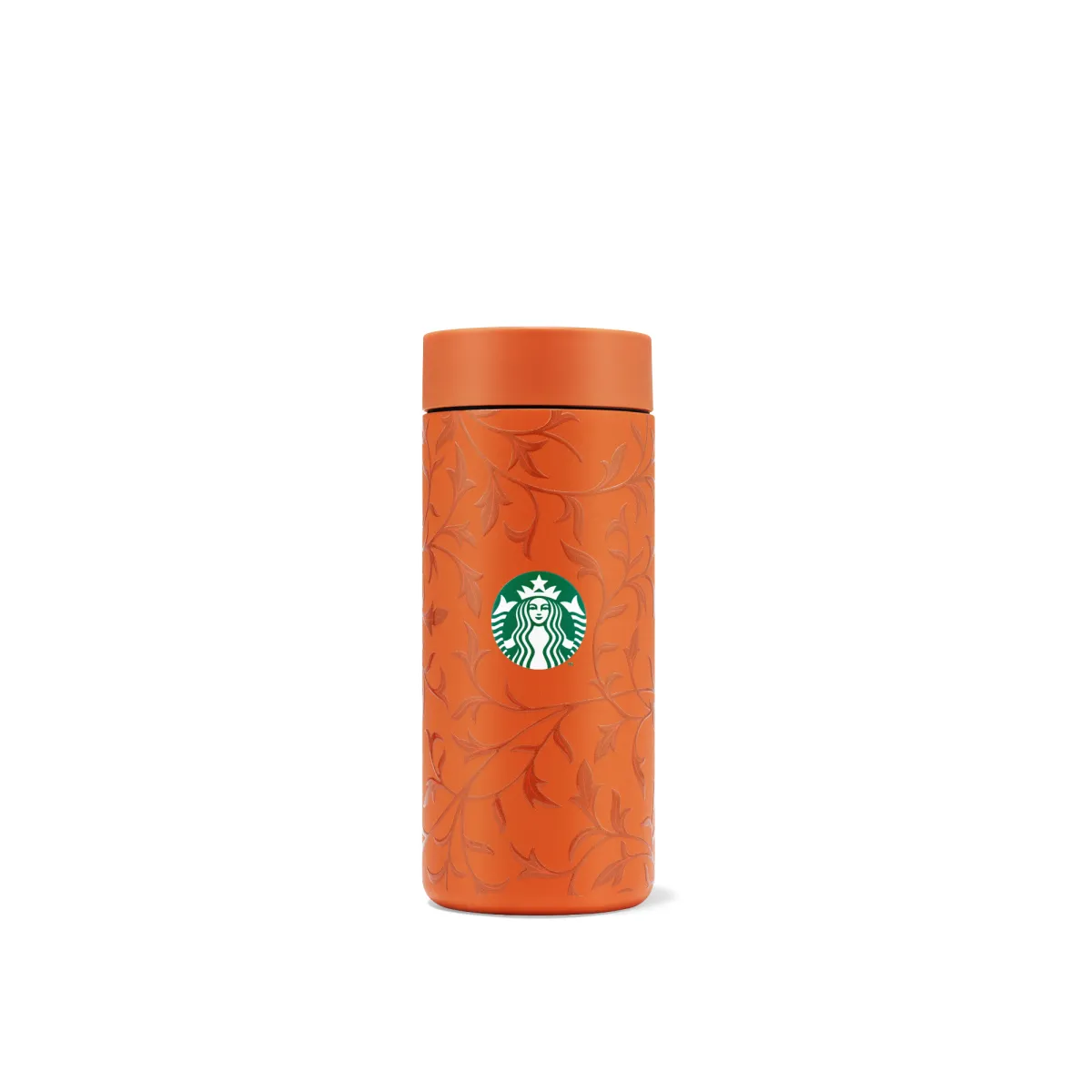 oranžový nerezový tumbler s kruhovým push-in otvorem pro pití. jemná textura/print na povrchu ve stylu výhonků a dýní.