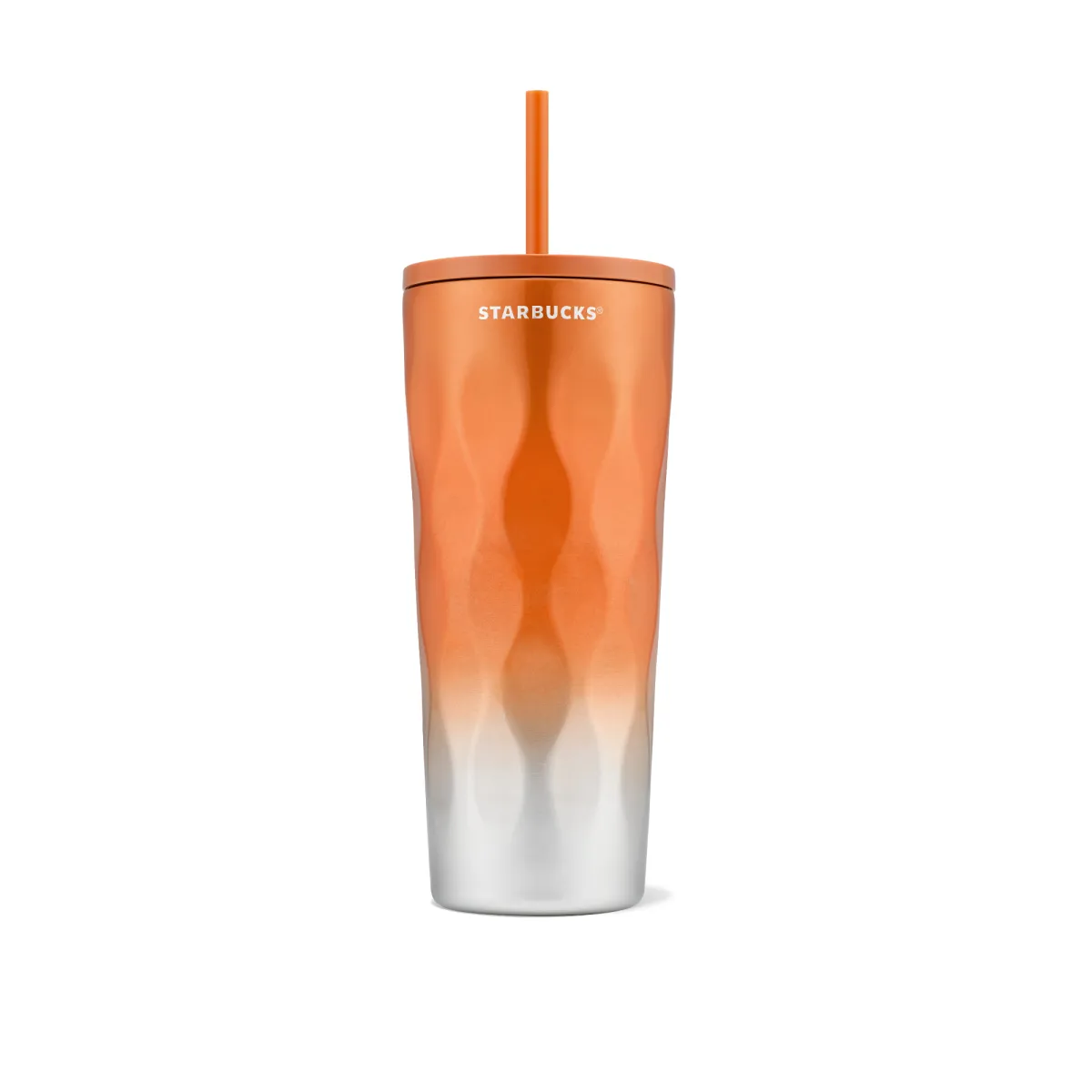 nerezový tumbler s oranžovo stříbrným ombre efektem a brčkem.