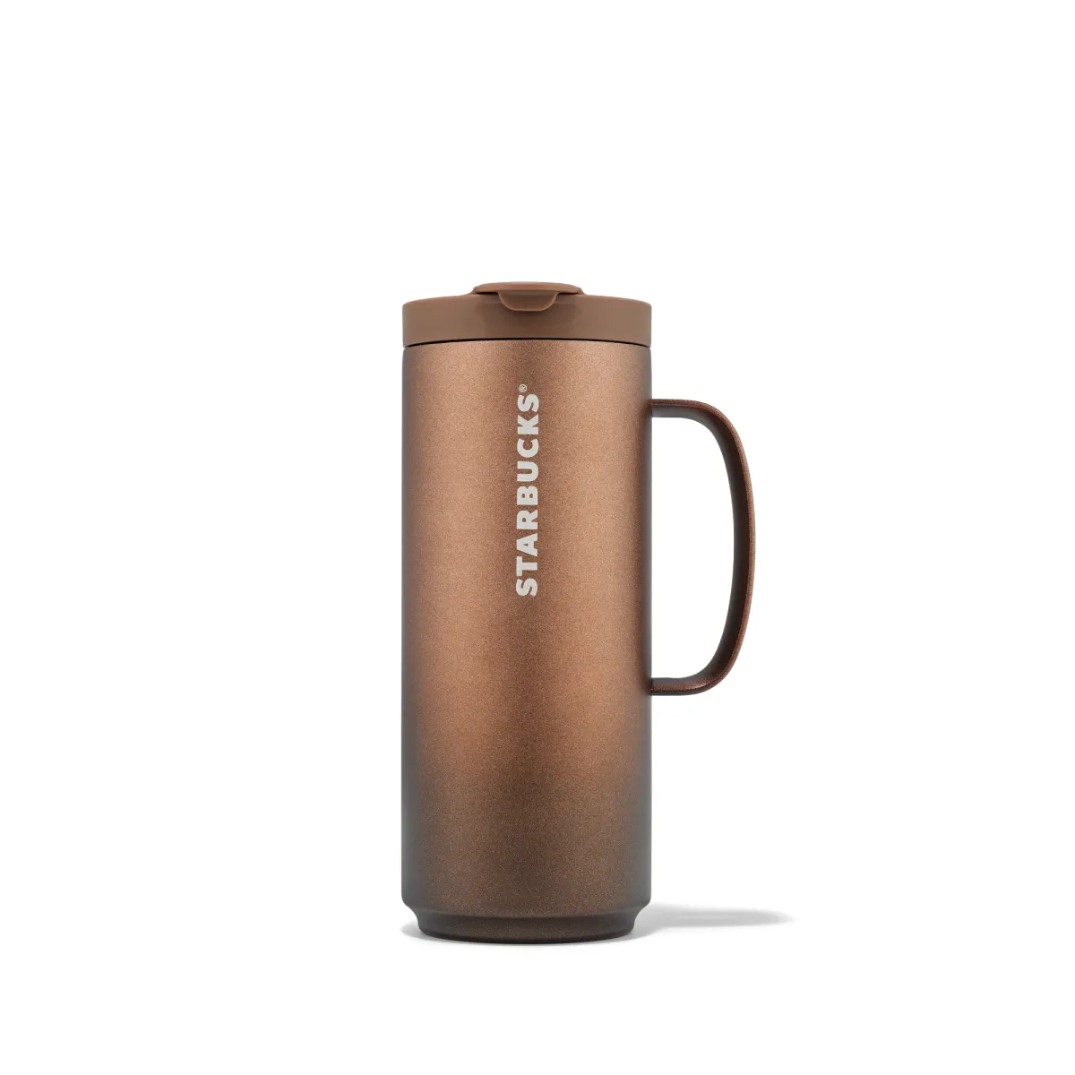 hnědý nerezový tumbler s praktickým uchem a vyklápěcím otvorem pro pití.