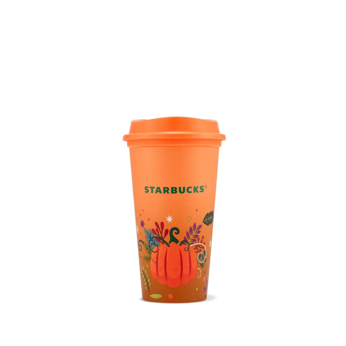 reusable cup v oranžové barvě, ve spodní části kelímku ilustrovaný potisk dýně