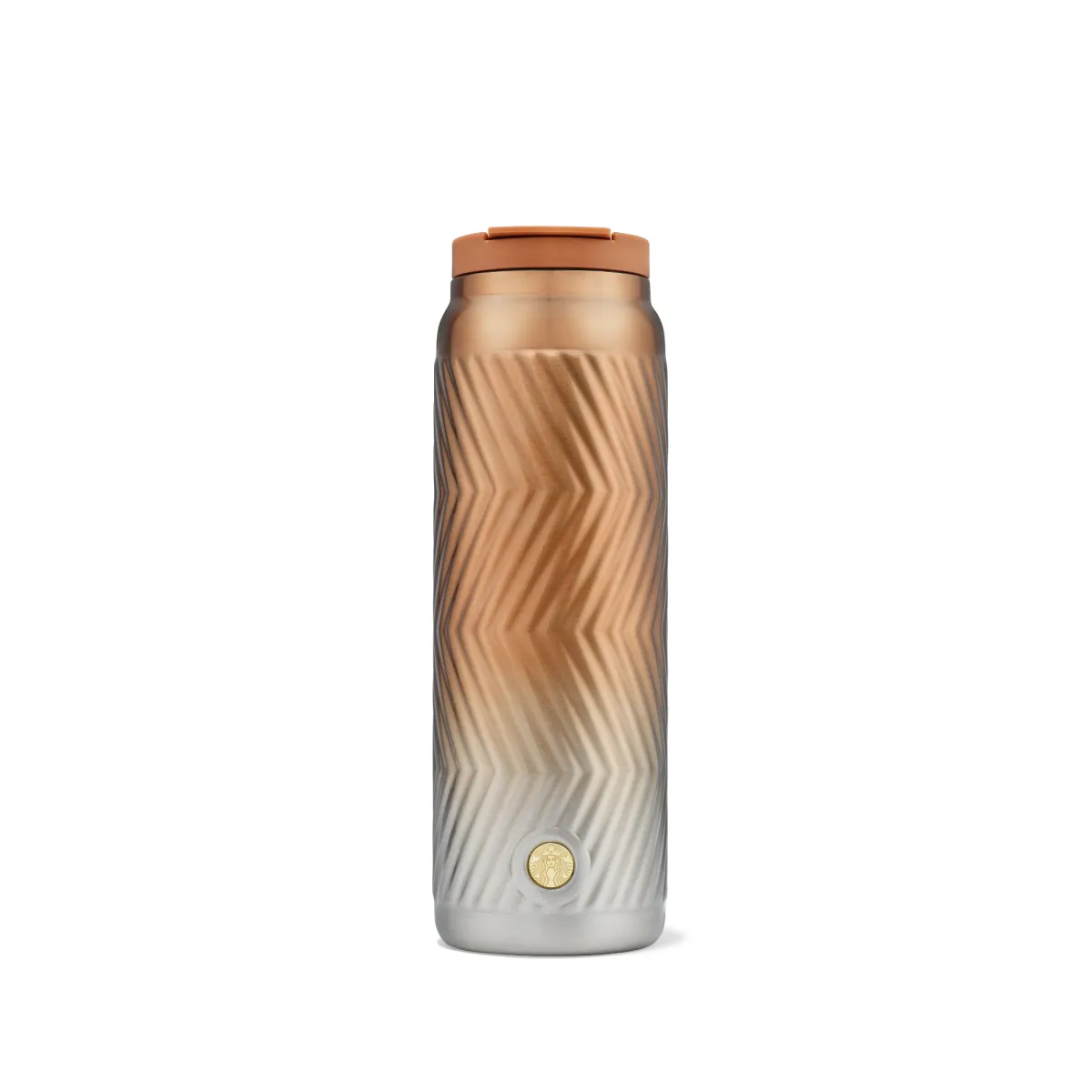 stříbrno hnědý tumbler, nerezový, s texturovaným zig zag povrchem.
