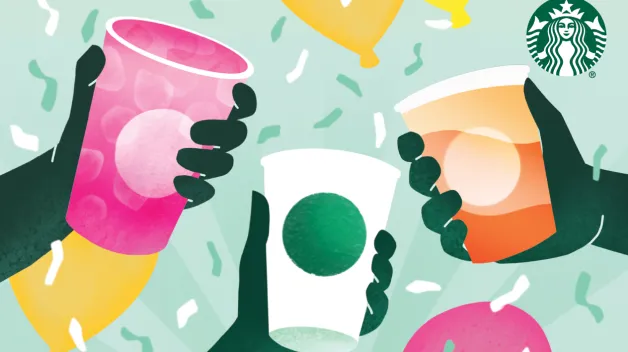Colorful gift card featuring an illustration of three cups raised together in a celebratory toast.