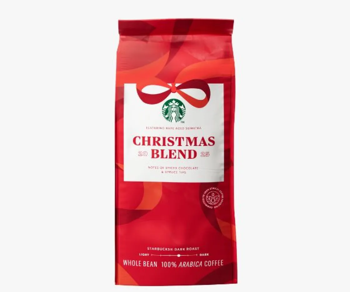 Red bag of Starbucks Christmas Blend 2025 coffee beans