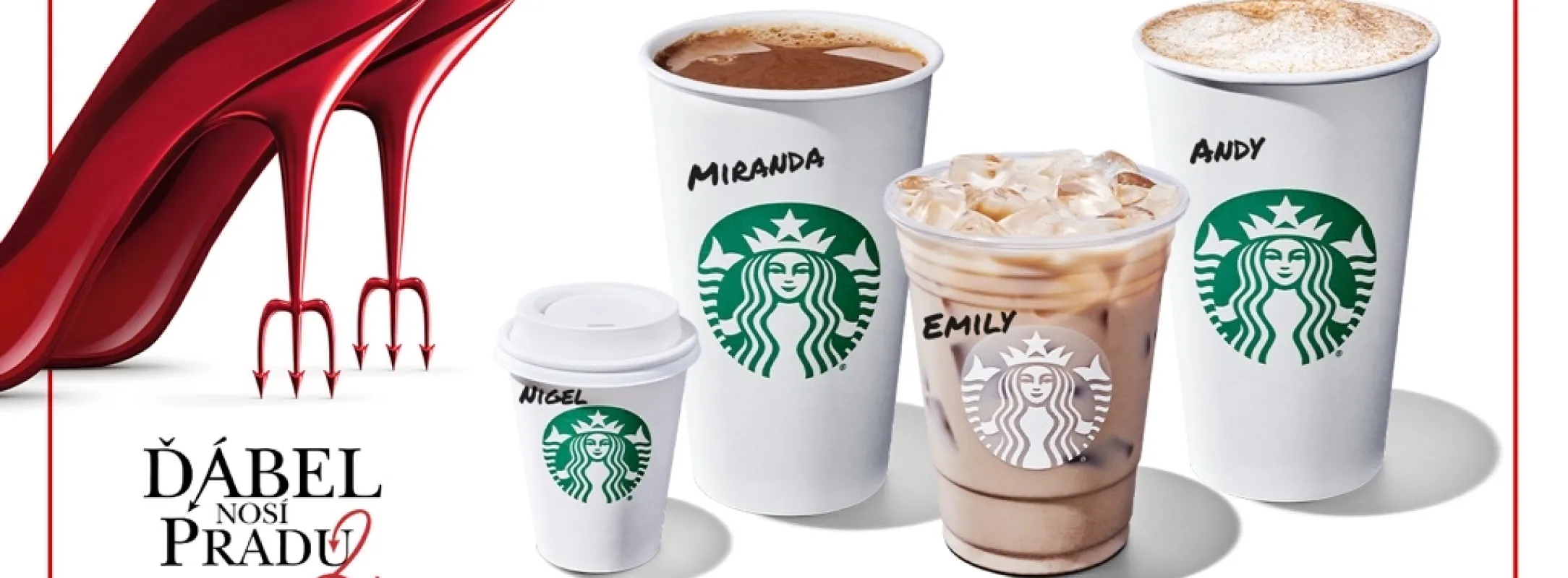 čtyři nápoje na bílém pozadí, nalevo jsou dva červené střevíčky